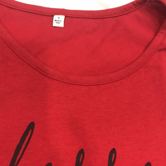 RED SLEEVELESS TOP W “blessed” on front. Size small. PRETTY RED W BLACK LETTERS - Picture 2 of 4